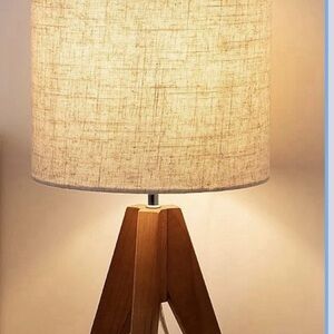 Beige Linen Shade Table Lamp with Wood Tripod Base
